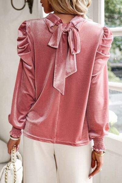 Tie Up Mock Neck Velvet Fabric Long Sleeve Blouse Blouses - Tophatter Daily Deals