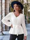 V-Neck Tie Waist Long Sleeve Blouse White Blouses - Tophatter Daily Deals