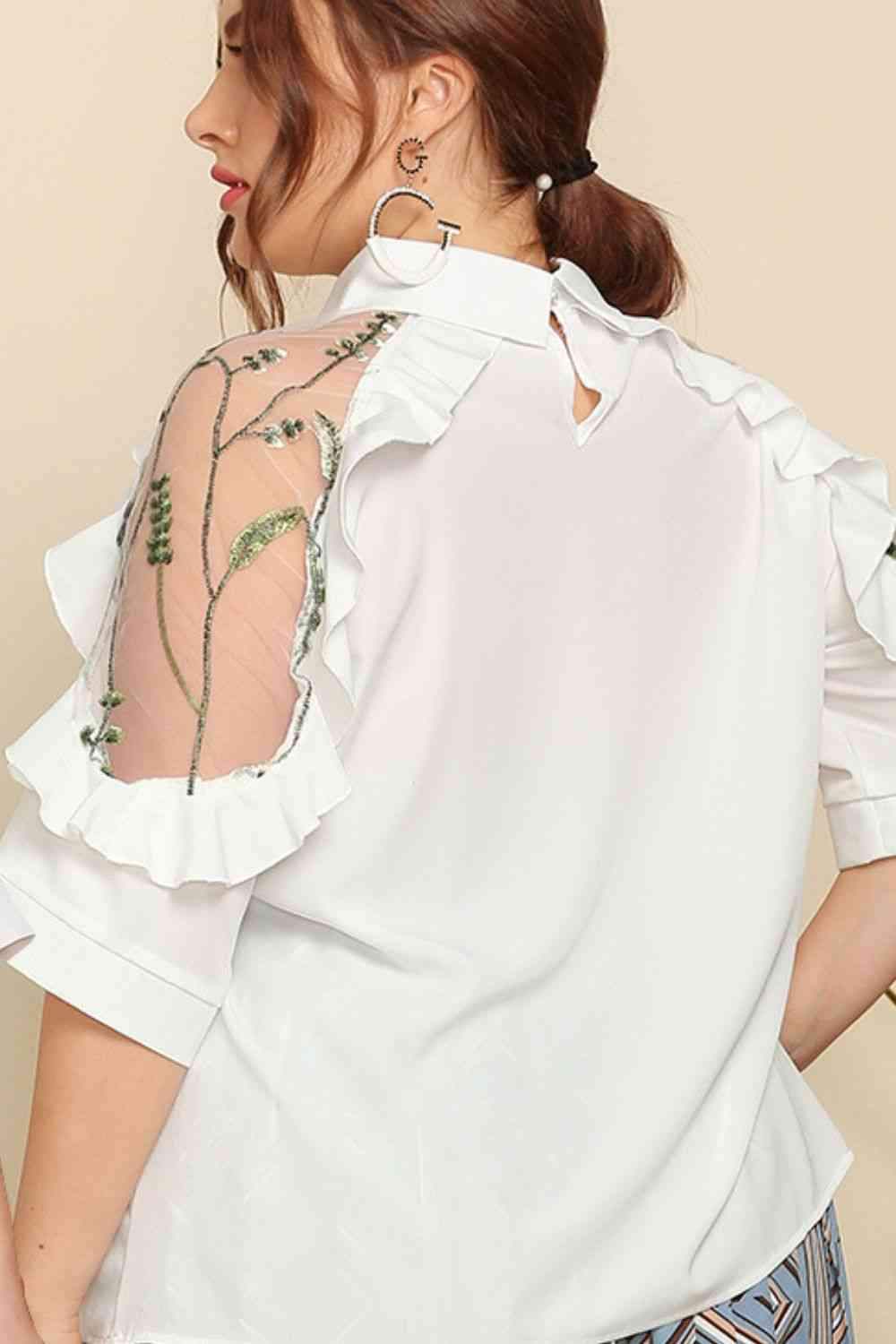 Plus Size Embroidered Ruffle Trim Collared Half Sleeve Blouse Blouses - Tophatter Daily Deals