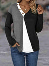 Color Block Decorative Button V-Neck Top Black Blouses - Tophatter Daily Deals