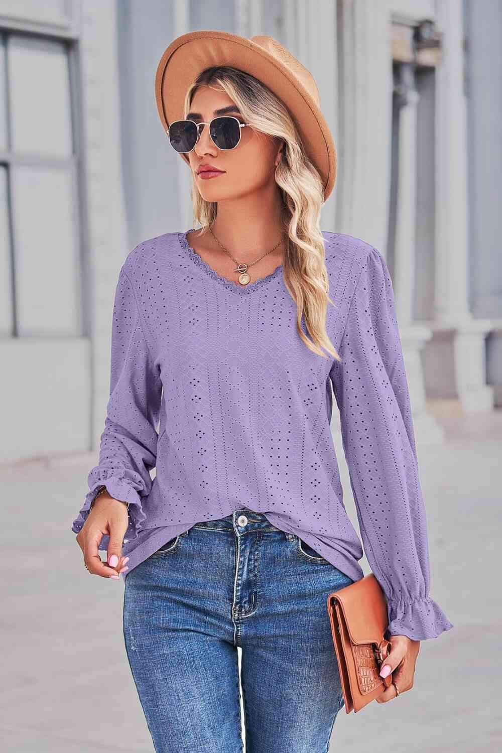 Lace Trim V-Neck Flounce Sleeve Top Blouses - Tophatter Daily Deals