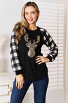 Heimish Full Size Sequin Reindeer Graphic Plaid Top Black Women's T-Shirts - Tophatter Daily Deals