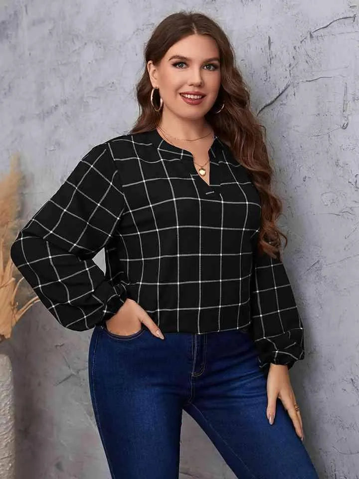 Plus Size Notched Neck Long Sleeve Blouse Blouses - Tophatter Daily Deals