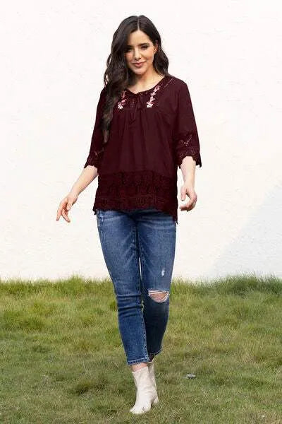 Tie Neck Lace Detail Half Sleeve Blouse Wine Blouses - Tophatter Daily Deals
