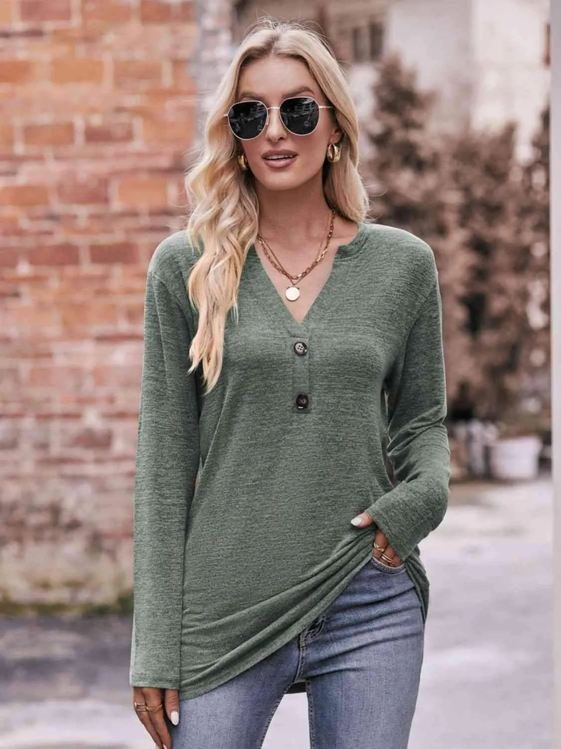 Double Take Buttoned Notched Neck Long Sleeve Top Moss Blouses - Tophatter Daily Deals