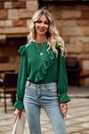 Ruffled Round Neck Long Sleeve Top Black Forest Blouses - Tophatter Daily Deals