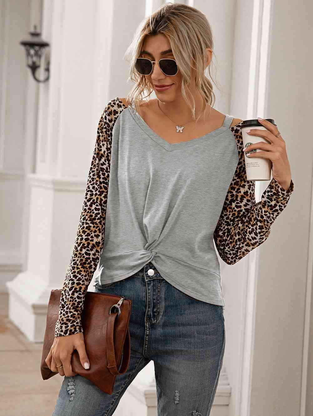 Leopard Twist Front Cold-Shoulder Tee Cloudy Blue Women's T-Shirts - Tophatter Daily Deals