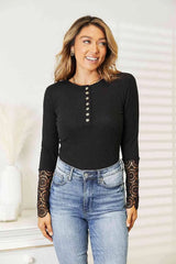 Double Take Crochet Lace Hem Sleeve Button Top Blouses - Tophatter Daily Deals