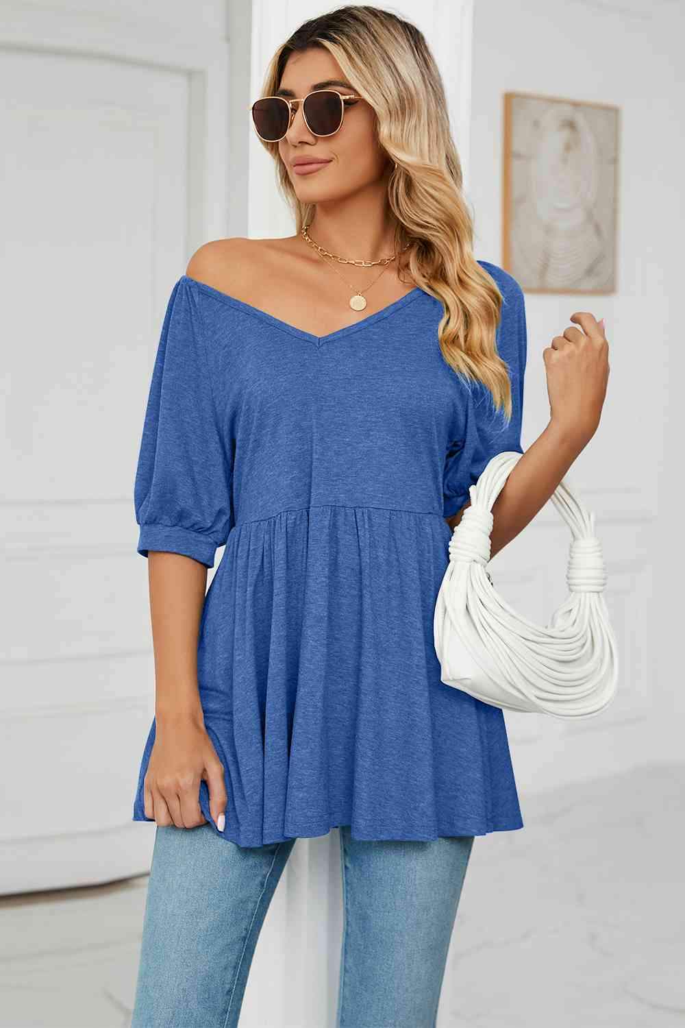 V-Neck Babydoll Top Cobalt Blue Women's T-Shirts - Tophatter Daily Deals