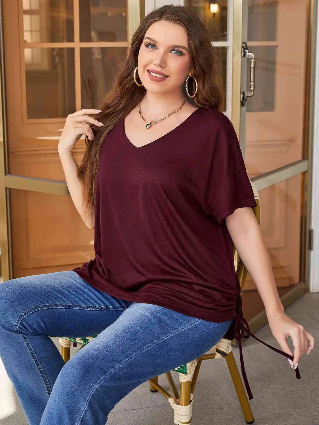 Plus Size Drawstring V-Neck Short Sleeve Blouse Blouses - Tophatter Daily Deals