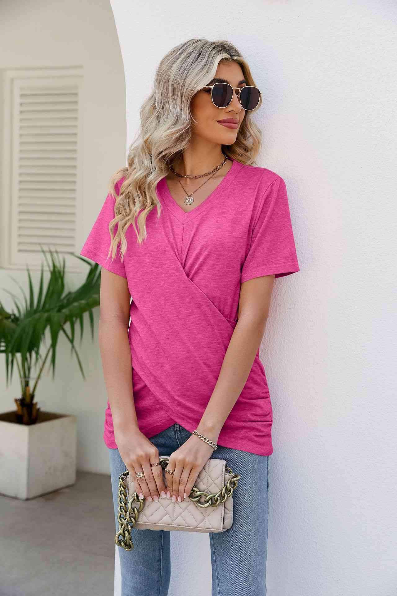 V-Neck Crisscross Short Sleeve Tee Women's T-Shirts - Tophatter Daily Deals