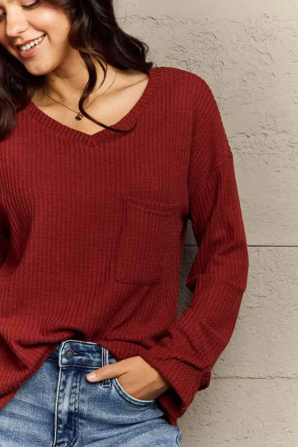 Ninexis Full Size V-Neck Long Sleeve Front Pocket Blouse Blouses - Tophatter Daily Deals