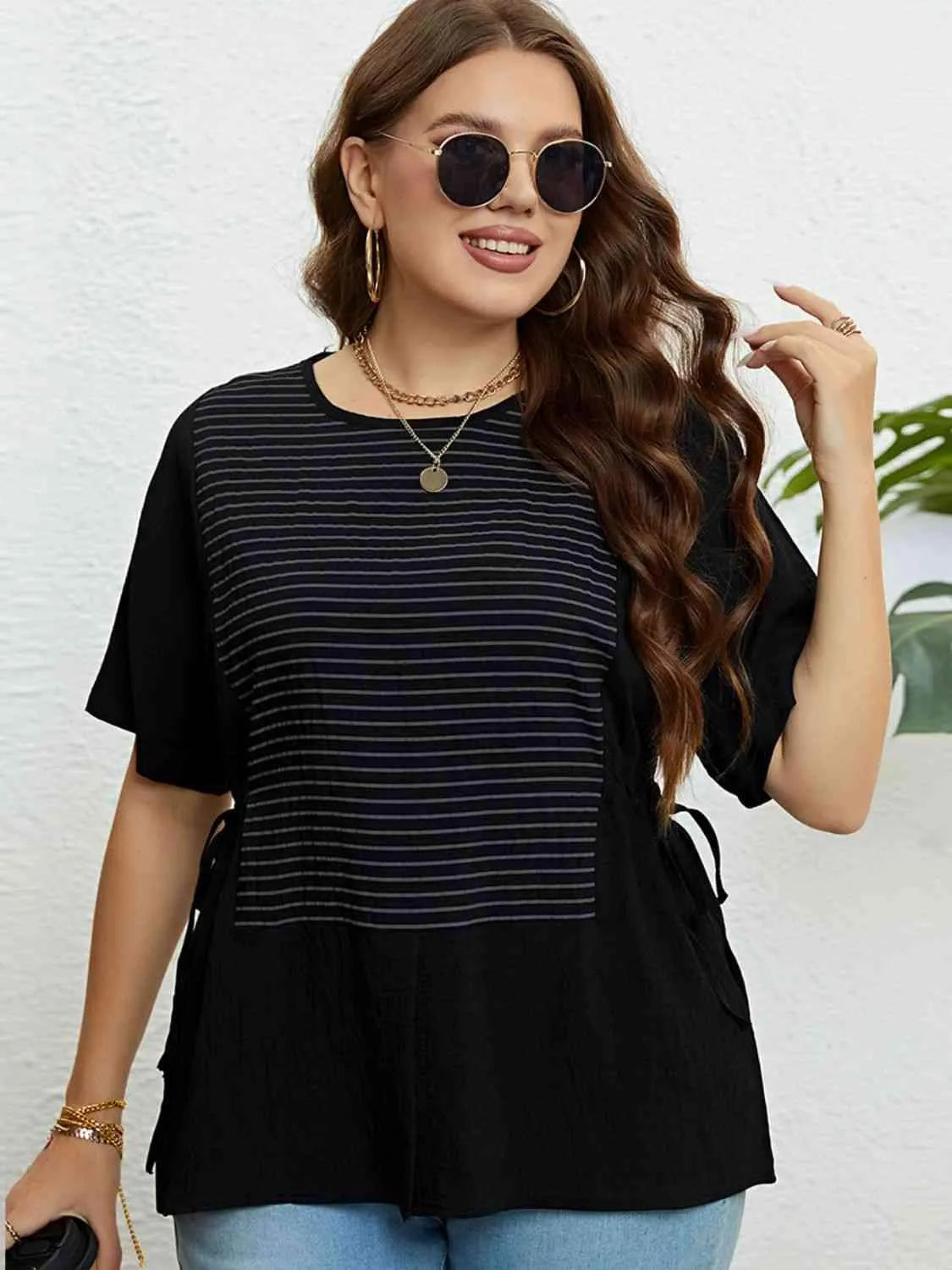 Plus Size Striped Drawstring Slit Top Black Blouses - Tophatter Daily Deals
