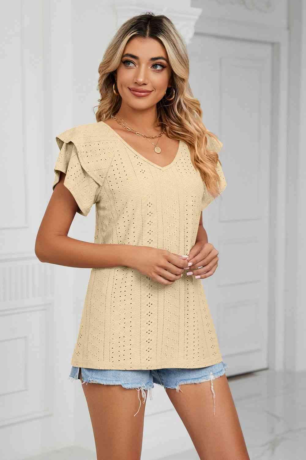 Eyelet Layered Flutter Sleeve V-Neck Knit Top Blouses - Tophatter Daily Deals