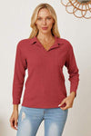 Collared Neck Dropped Shoulder T-Shirt Deep Red Women's T-Shirts - Tophatter Daily Deals