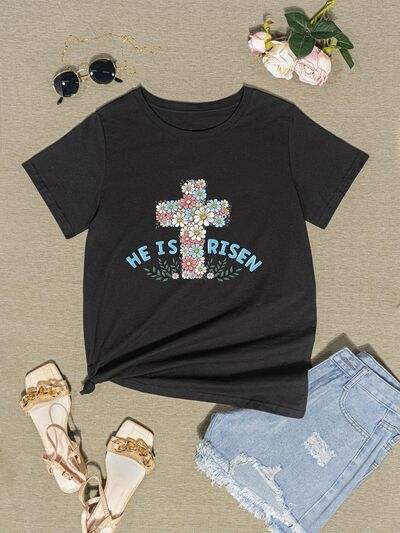 HE IS RISEN Round Neck Short Sleeve T-Shirt Women's T-Shirts - Tophatter Daily Deals