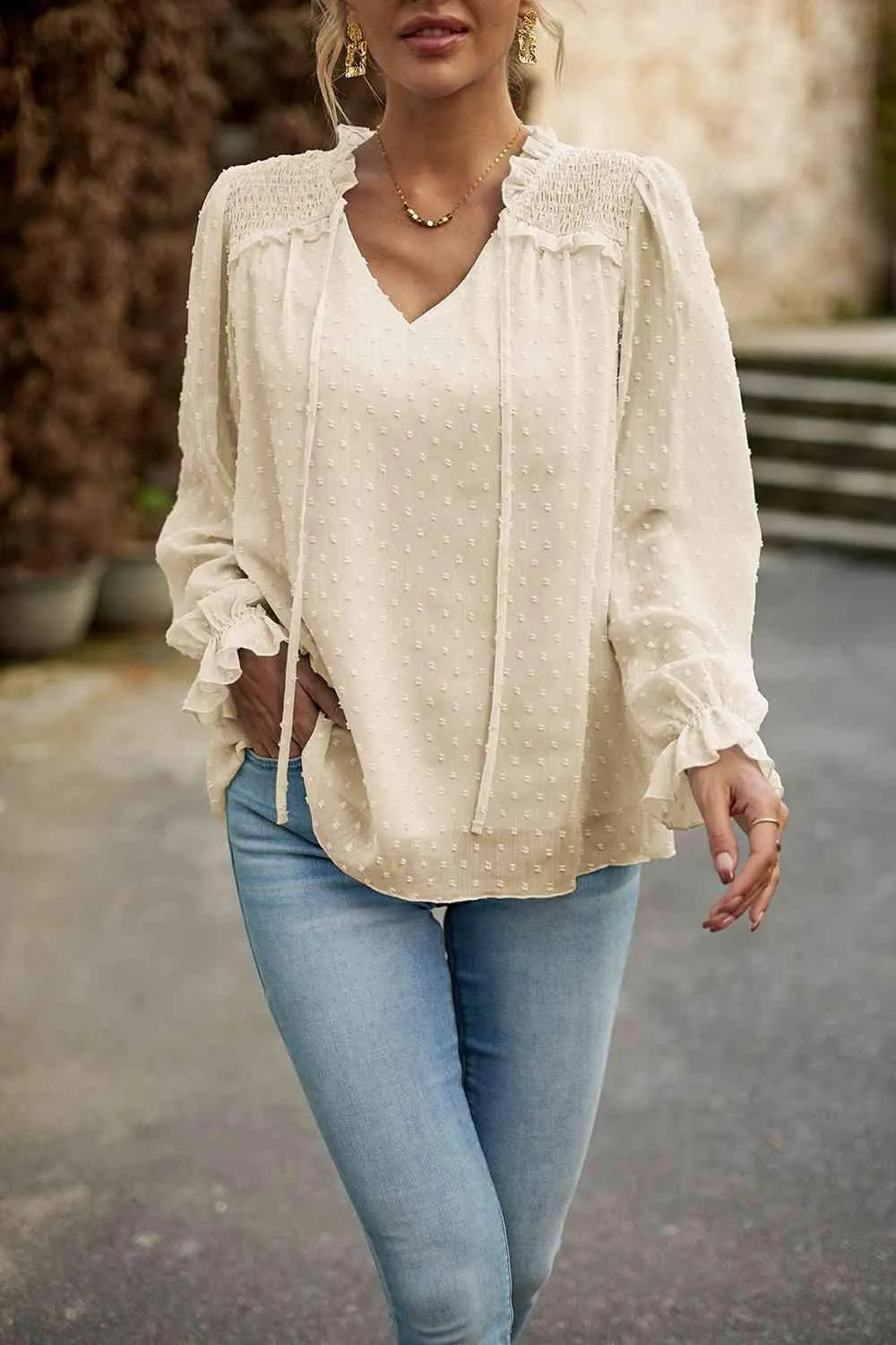 Swiss Dot Smocked Shoulder Blouse Cream Blouses - Tophatter Daily Deals