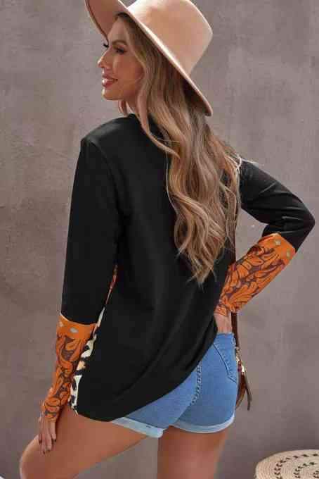 Mixed Print Color Block Long Sleeve Top Women's T-Shirts - Tophatter Daily Deals