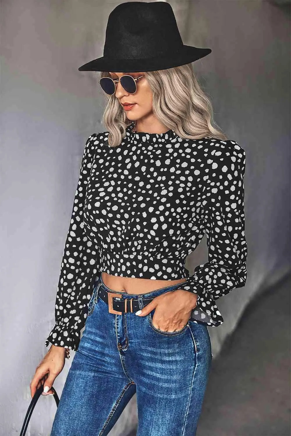 Animal Print Tie-Back Cropped Blouse Black Blouses - Tophatter Daily Deals