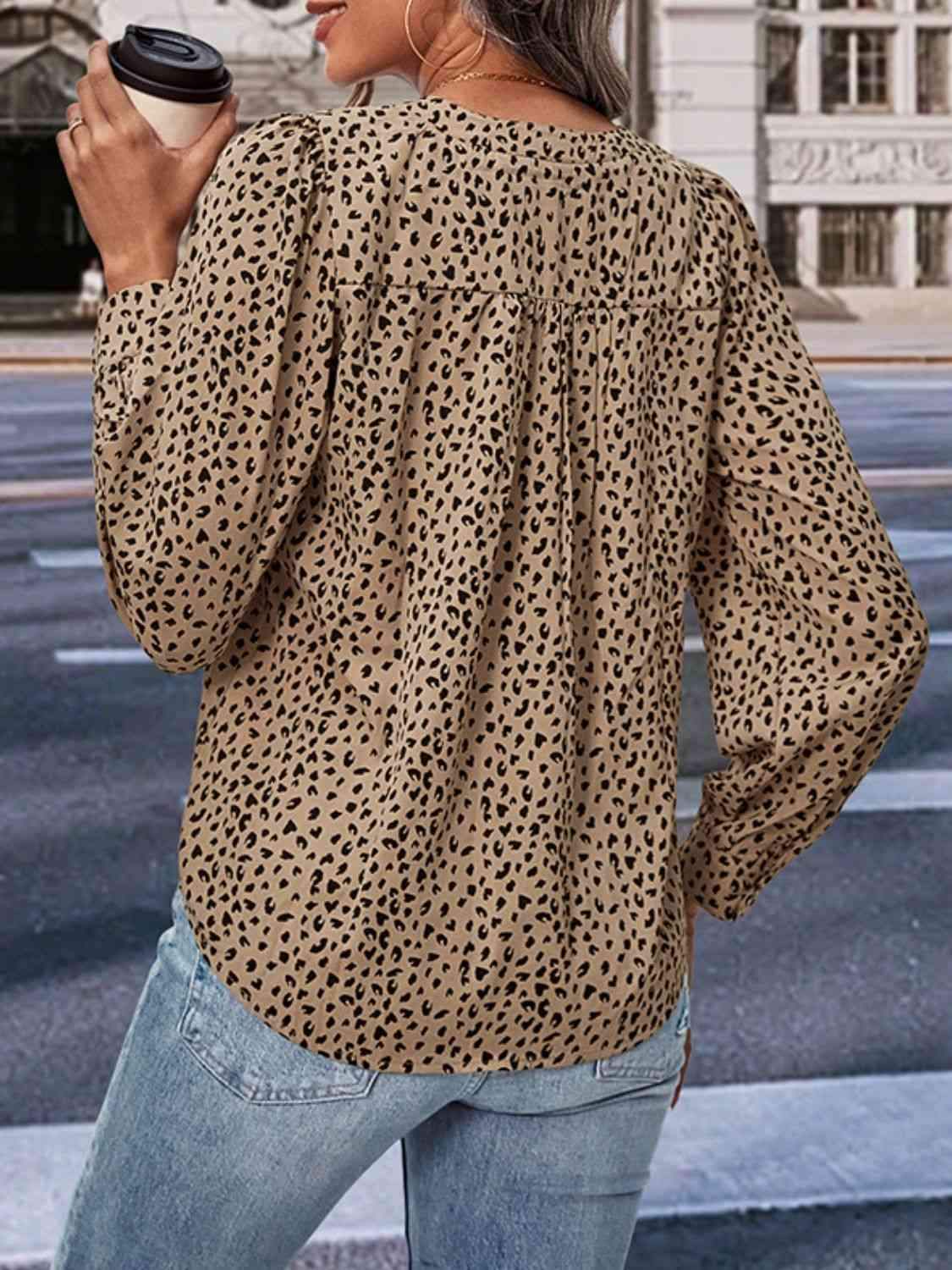 Leopard Notched Neck Puff Sleeve Blouse Blouses - Tophatter Daily Deals