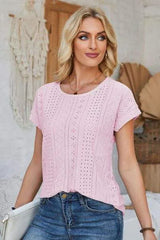 Eyelet Round Neck Rolled Short Sleeve T-Shirt Women's T-Shirts - Tophatter Daily Deals