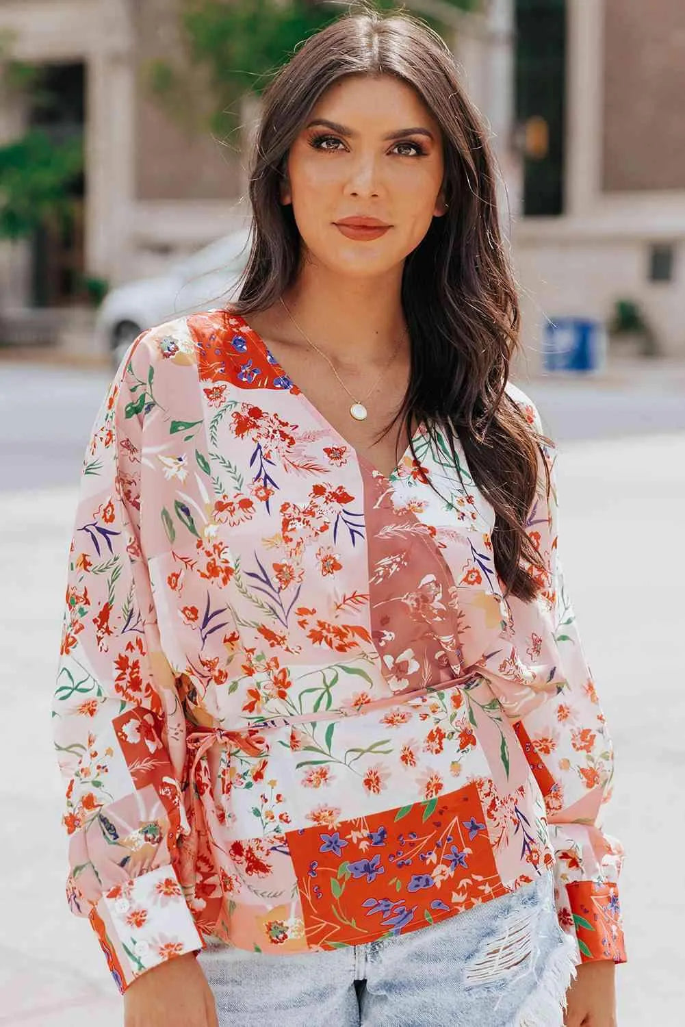 Floral Belted Surplice Blouse Blouses - Tophatter Daily Deals