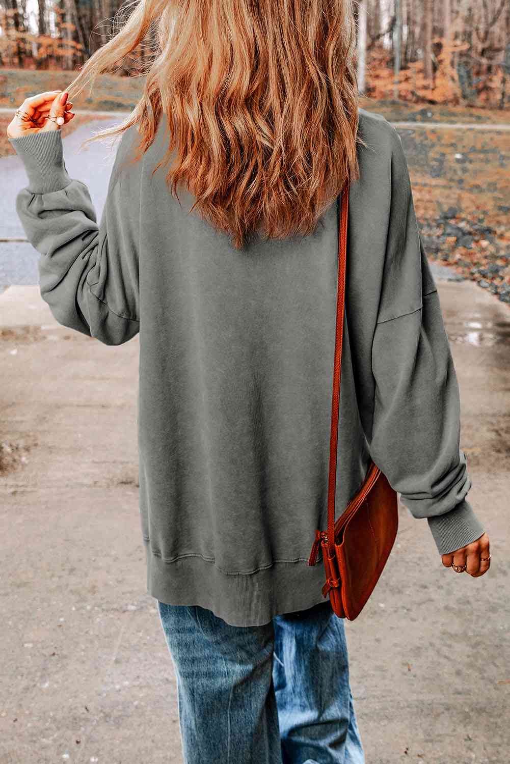 Dropped Shoulder Round Neck Long Sleeve Blouse - Tophatter Deals