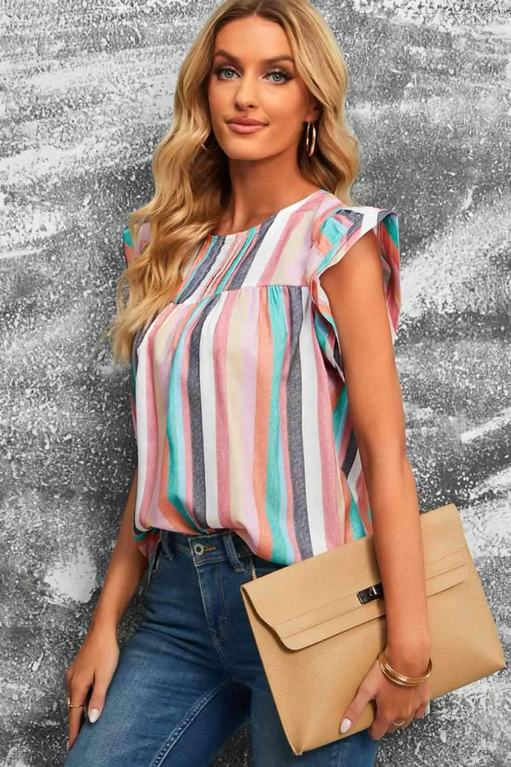 Multicolored Stripe Flutter Sleeve Blouse Blouses - Tophatter Daily Deals