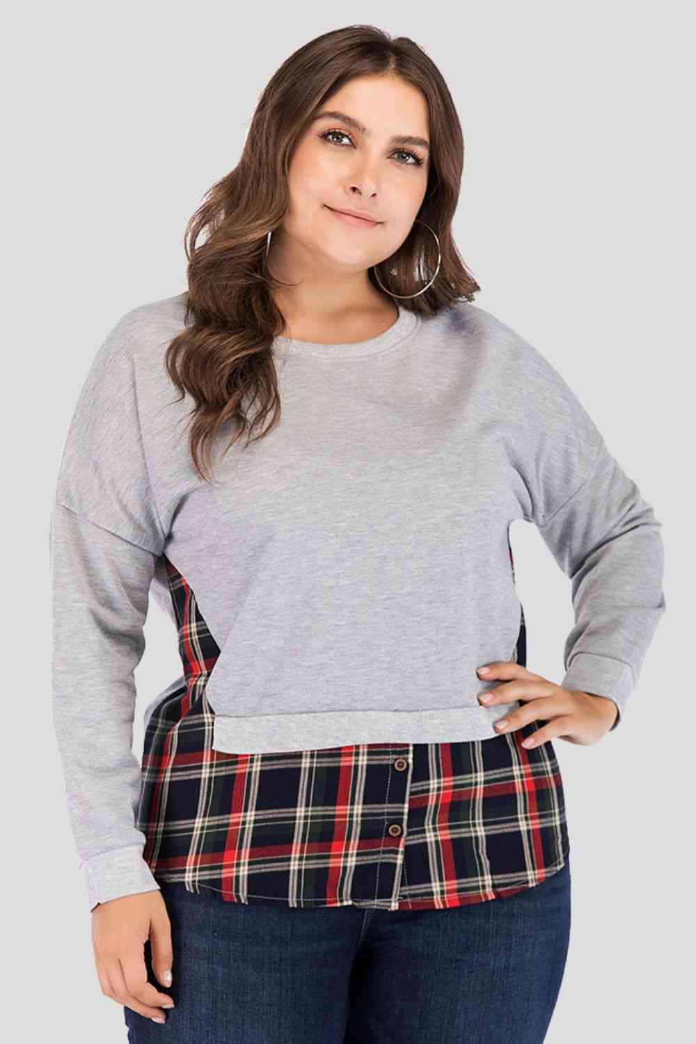 Full Size Plaid Patch Drop Shoulder Round Neck Top Light Gray Women's T-Shirts - Tophatter Daily Deals