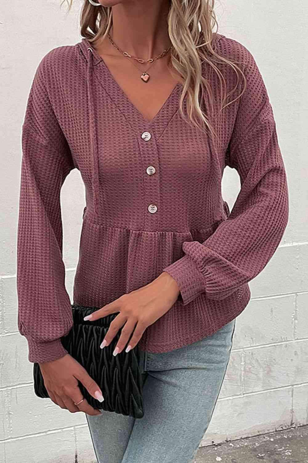 Waffle-Knit Buttoned Drop Shoulder Hoodie Blouses - Tophatter Daily Deals