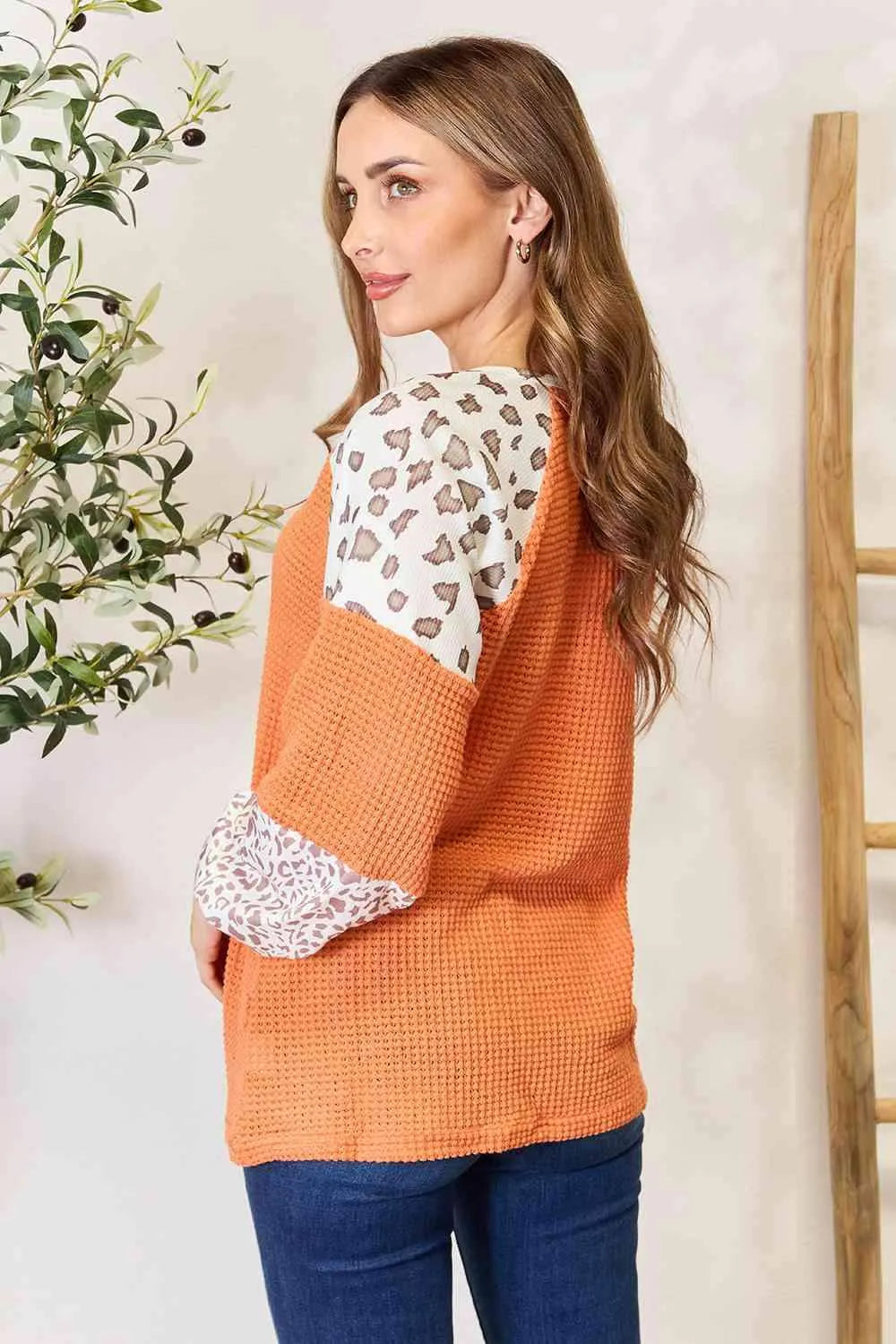 Double Take Leopard Waffle-Knit Long Sleeve Blouse Blouses - Tophatter Daily Deals