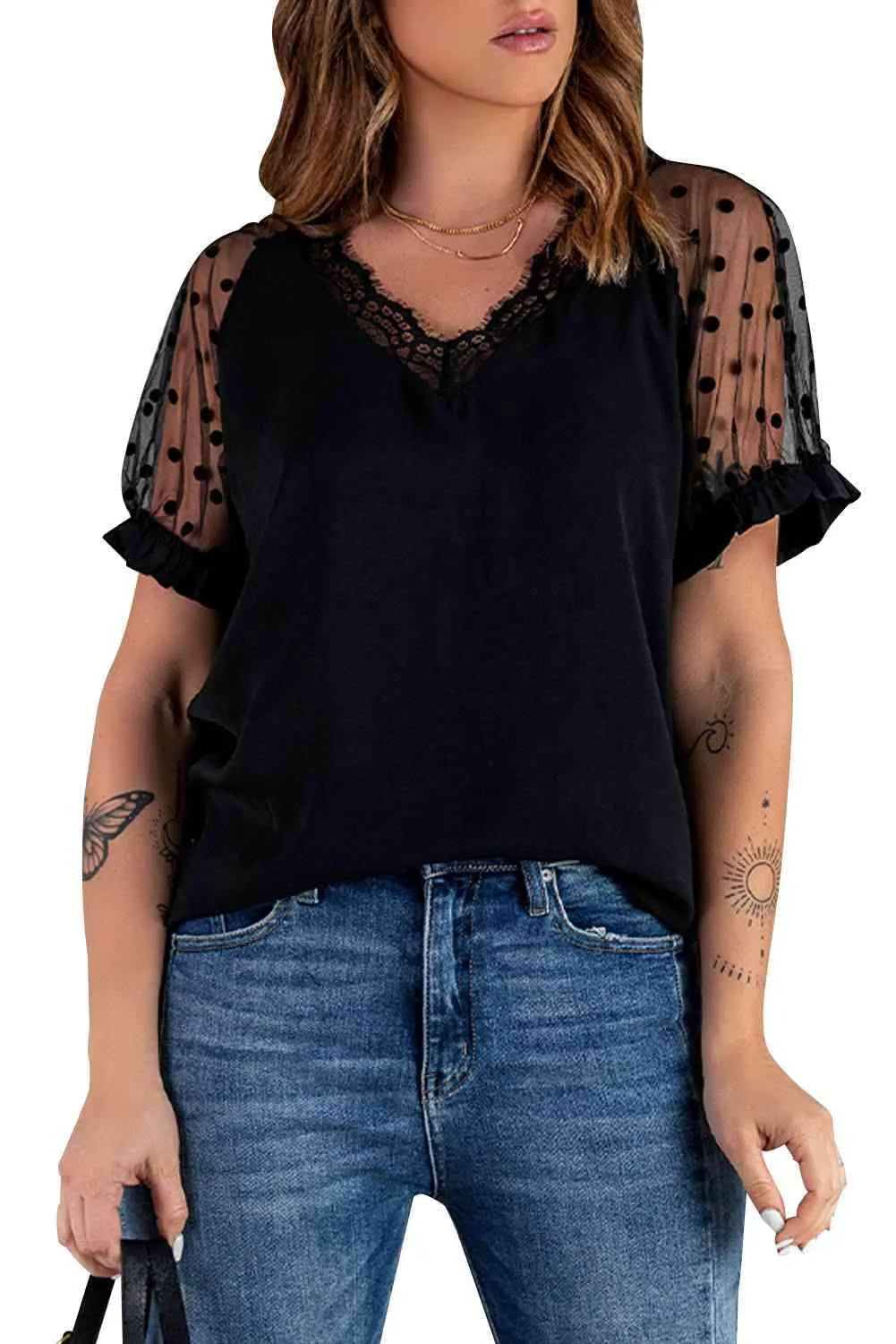 Polka Dot Lace Trim Spliced Mesh Blouse Blouses - Tophatter Daily Deals