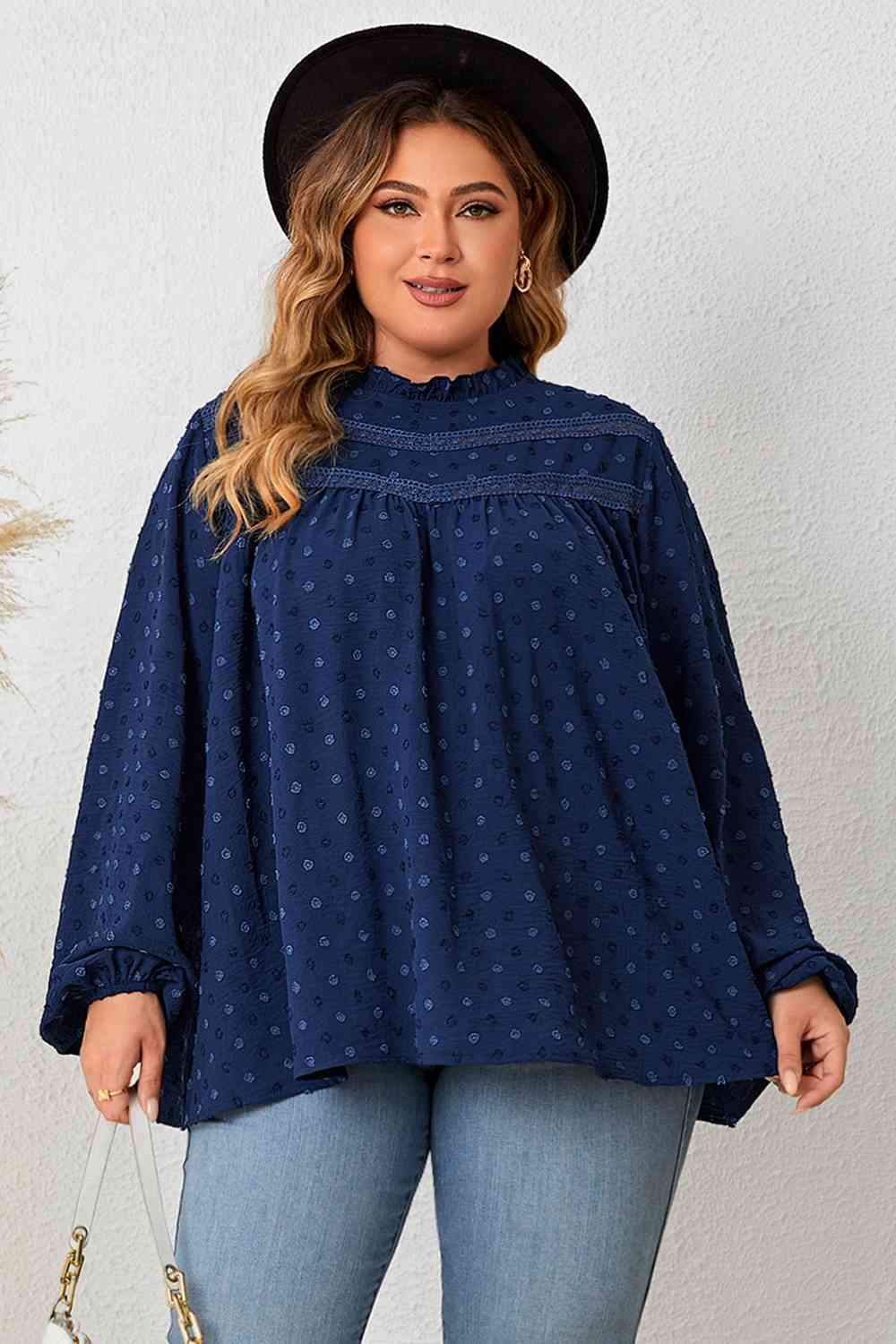 Plus Size Mock Neck Balloon Sleeve Blouse Navy Blouses - Tophatter Daily Deals