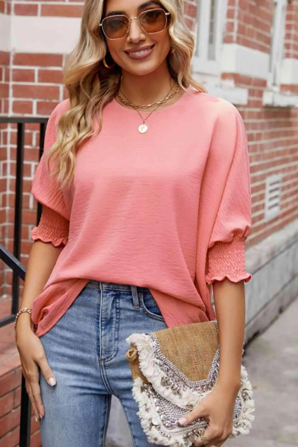 Round Neck Smocked Lantern Sleeve Blouse Blouses - Tophatter Daily Deals