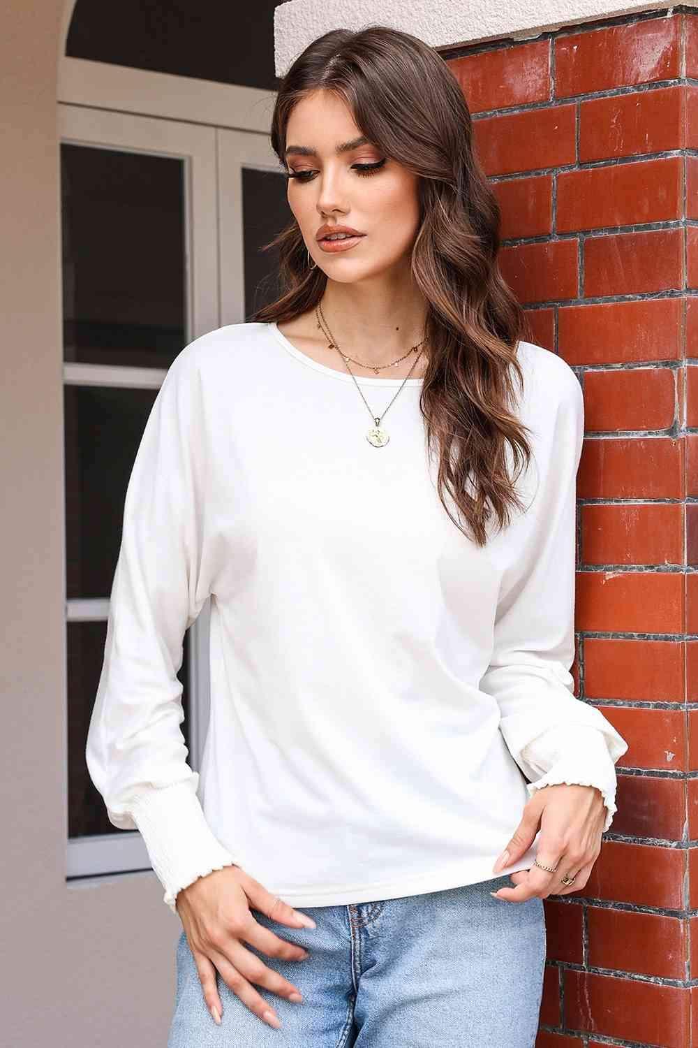 Round Neck Smocked Long Sleeve Blouse Blouses - Tophatter Daily Deals