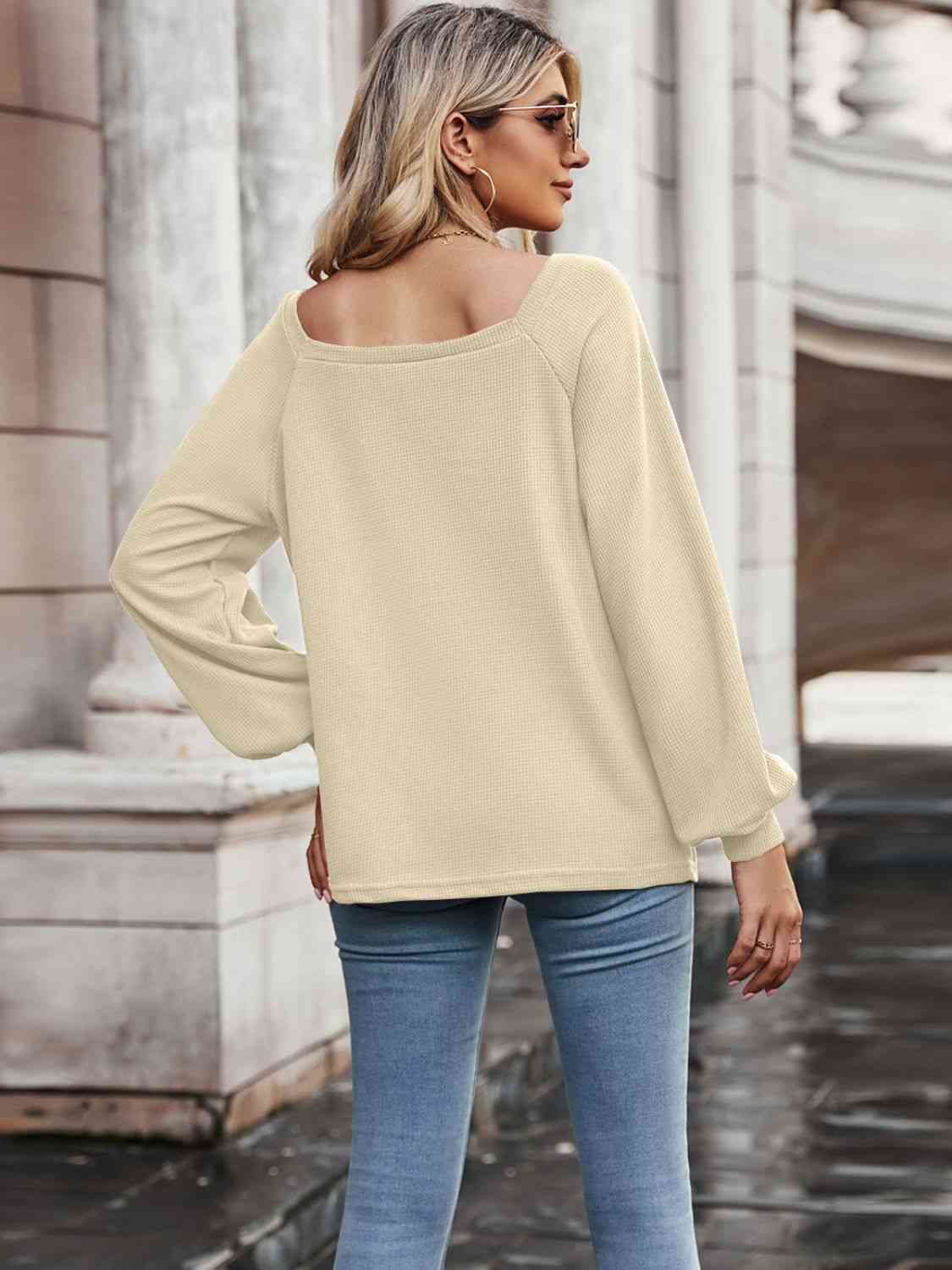 Waffle-Knit Square Neck Raglan Sleeve Tee Women's T-Shirts - Tophatter Daily Deals