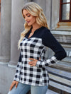 Plaid Notched Long Sleeve T-Shirt Women's T-Shirts - Tophatter Daily Deals