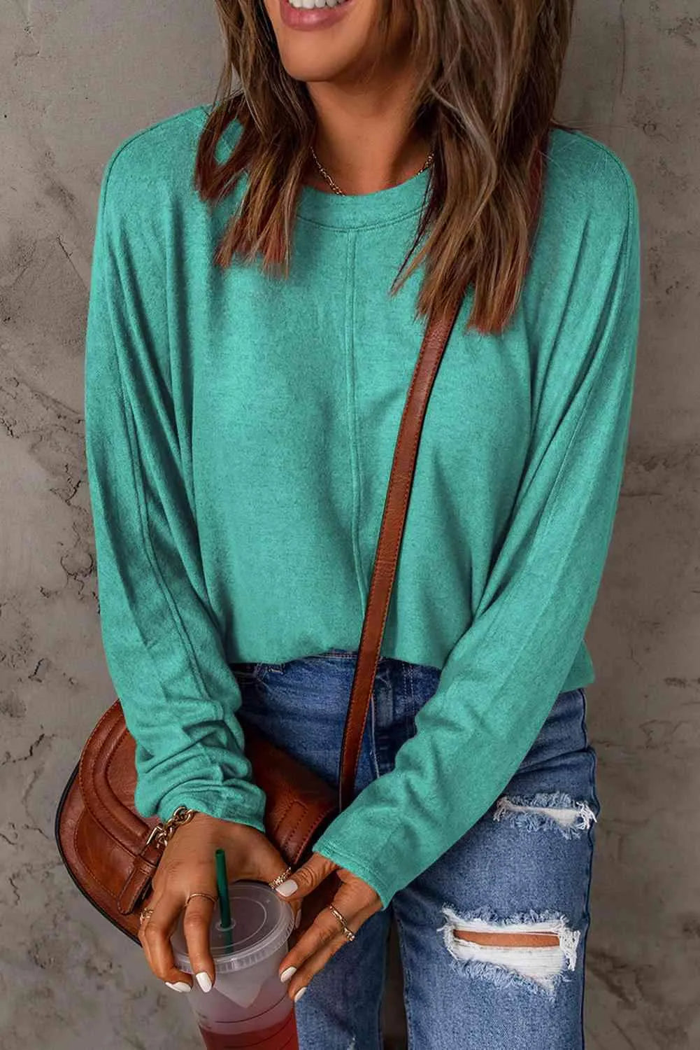 Seam Detail Round Neck Long Sleeve Top Green Women's T-Shirts - Tophatter Daily Deals