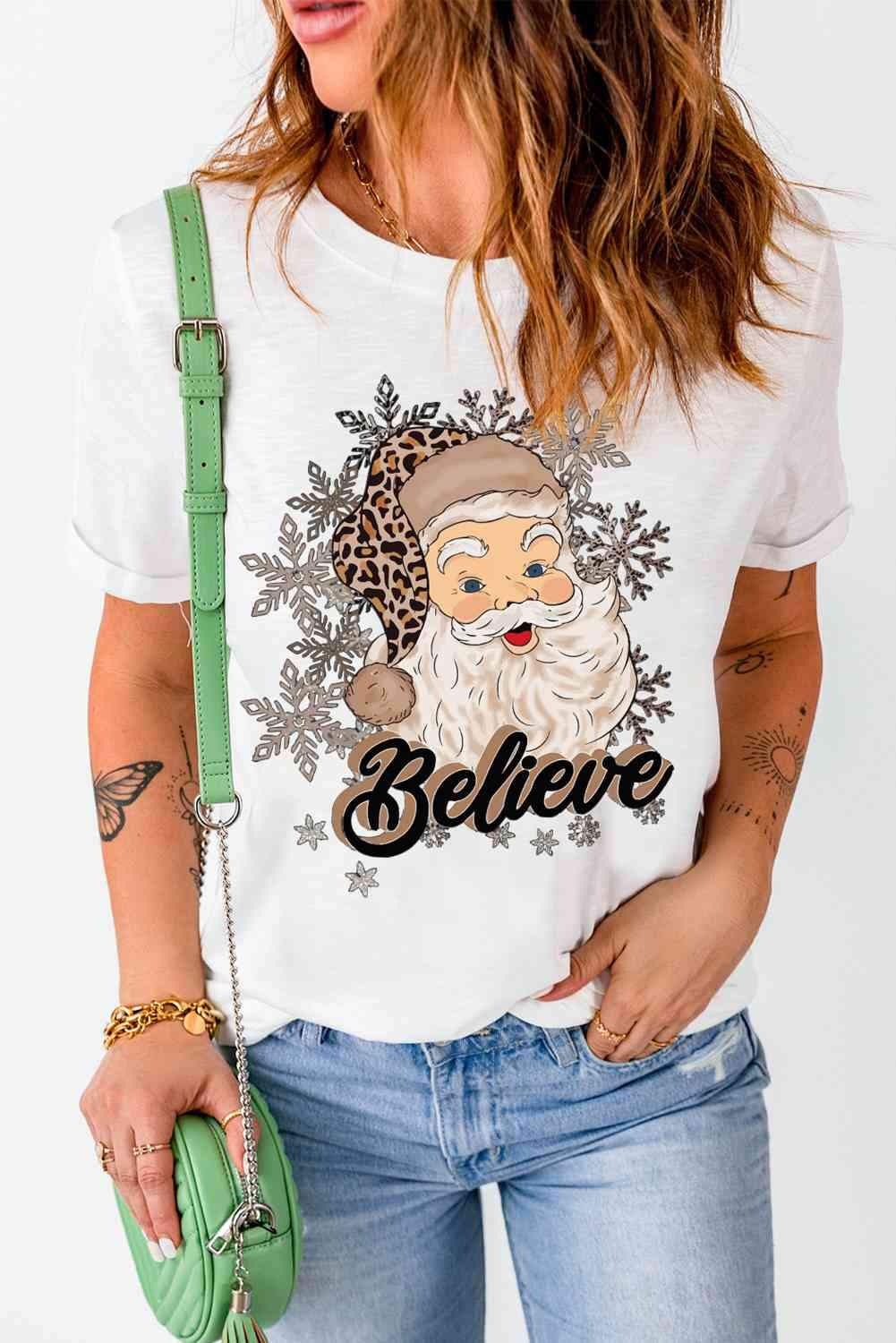 BELIEVE Santa Graphic T-Shirt Women's T-Shirts - Tophatter Daily Deals