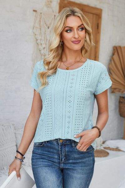 Eyelet Round Neck Rolled Short Sleeve T-Shirt Women's T-Shirts - Tophatter Daily Deals