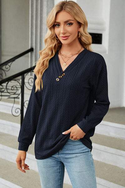 Decorative Button V-Neck Long Sleeve T-Shirt Navy Women's T-Shirts - Tophatter Daily Deals