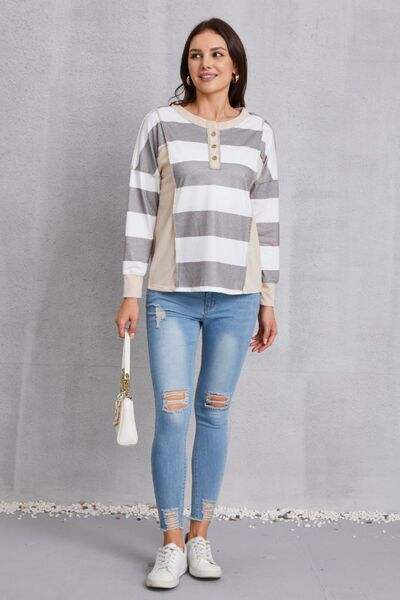 Striped Exposed Seam Buttoned T-Shirt Women's T-Shirts - Tophatter Daily Deals