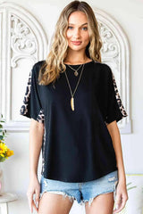 Leopard Round Neck Short Sleeve Tee Black Women's T-Shirts - Tophatter Daily Deals
