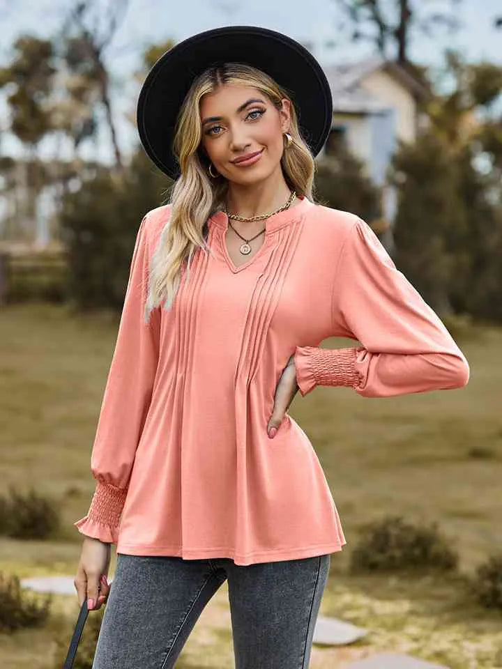 Notched Neck Flounce Sleeve Blouse Blouses - Tophatter Daily Deals