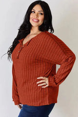 Basic Bae Full Size Ribbed Half Button Long Sleeve T-Shirt Women's T-Shirts - Tophatter Daily Deals