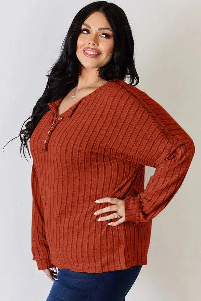 Basic Bae Full Size Ribbed Half Button Long Sleeve T-Shirt Women's T-Shirts - Tophatter Daily Deals