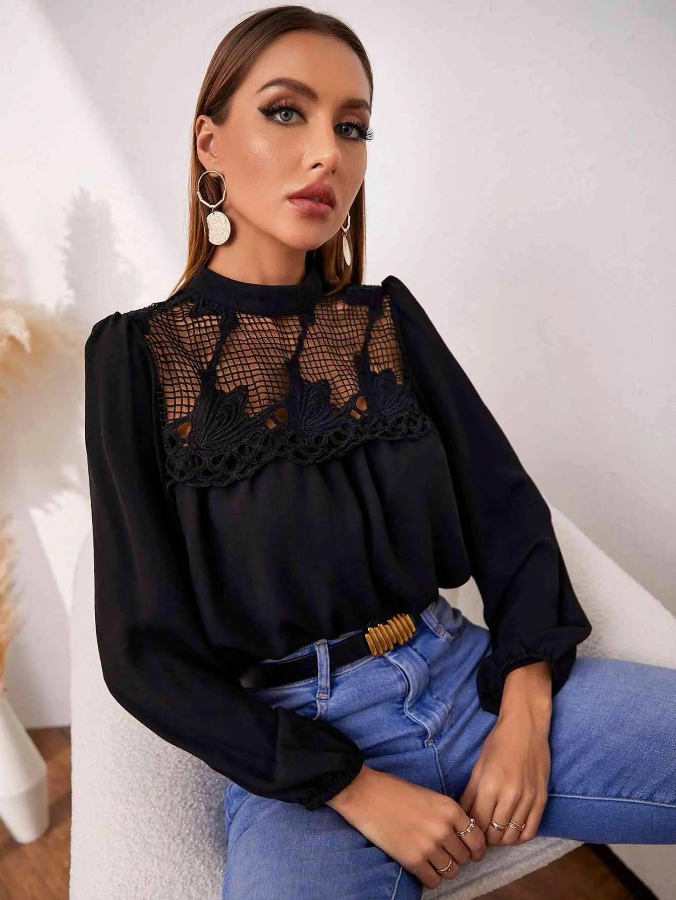 Openwork Round Neck Puff Sleeve Blouse Blouses - Tophatter Daily Deals