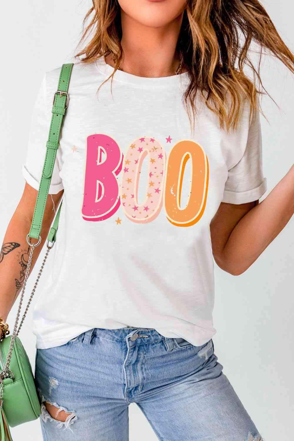 Round Neck Short Sleeve BOO Graphic T-Shirt Women's T-Shirts - Tophatter Daily Deals