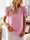 Round Neck Spliced Lace Puff Sleeve Blouse Blush Pink Blouses - Tophatter Daily Deals