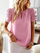Round Neck Spliced Lace Puff Sleeve Blouse Blush Pink Blouses - Tophatter Daily Deals